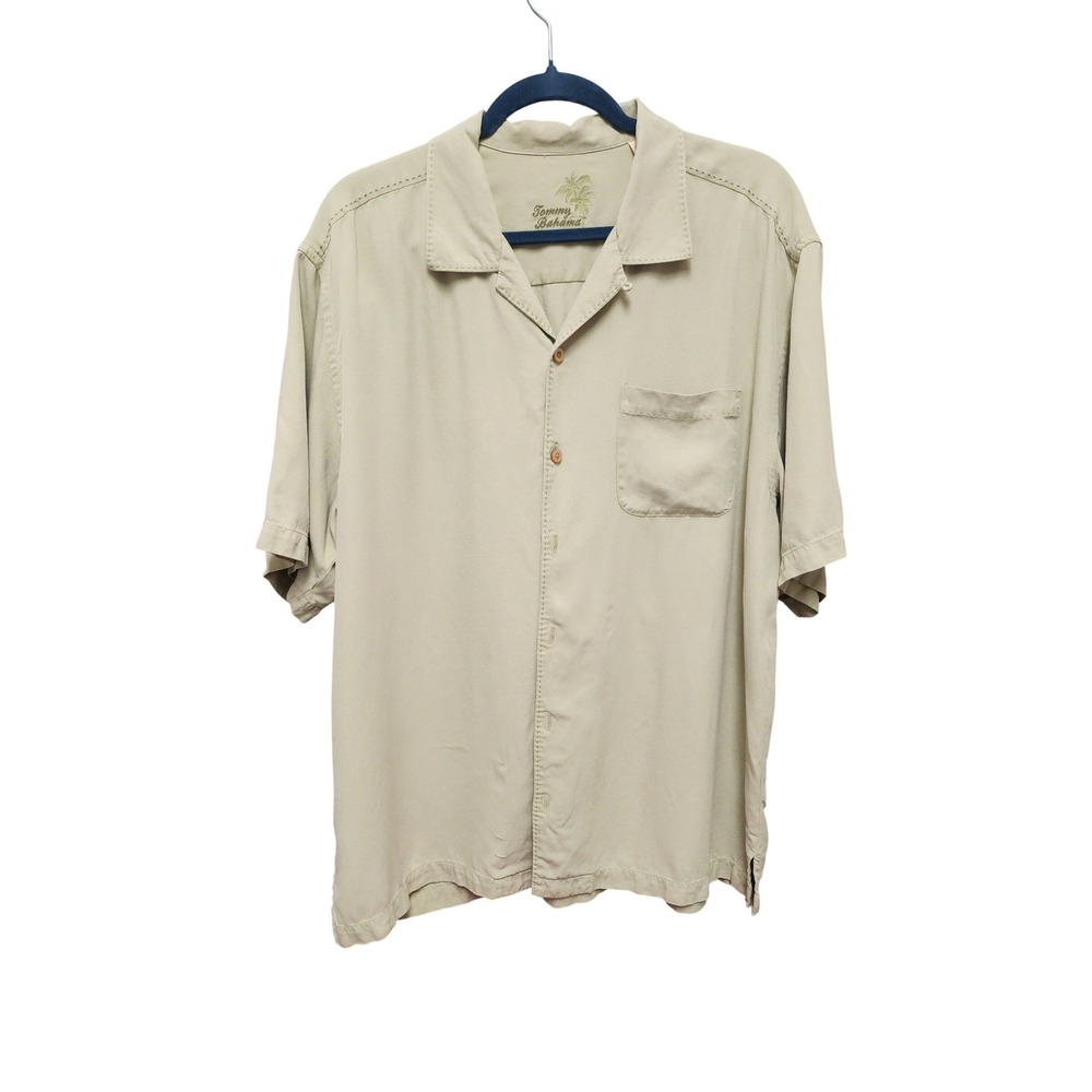 Tommy Bahama Mens Large Khaki Tan 100% Silk Short Sleeve Camp Button Down Shirt
